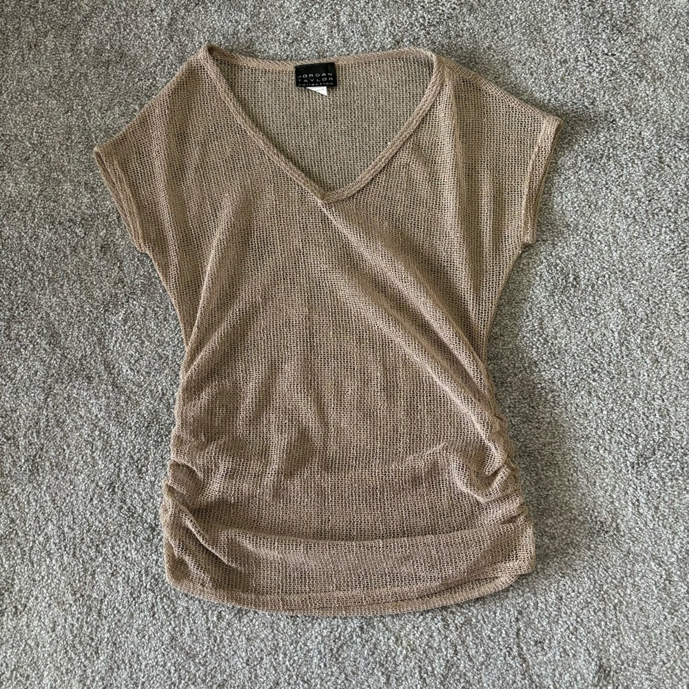 Vintage Jordan Taylor blouse womens medium brown tan sequin top crochet sparky